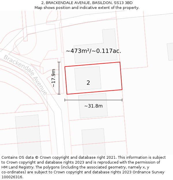 2, BRACKENDALE AVENUE, BASILDON, SS13 3BD: Plot and title map