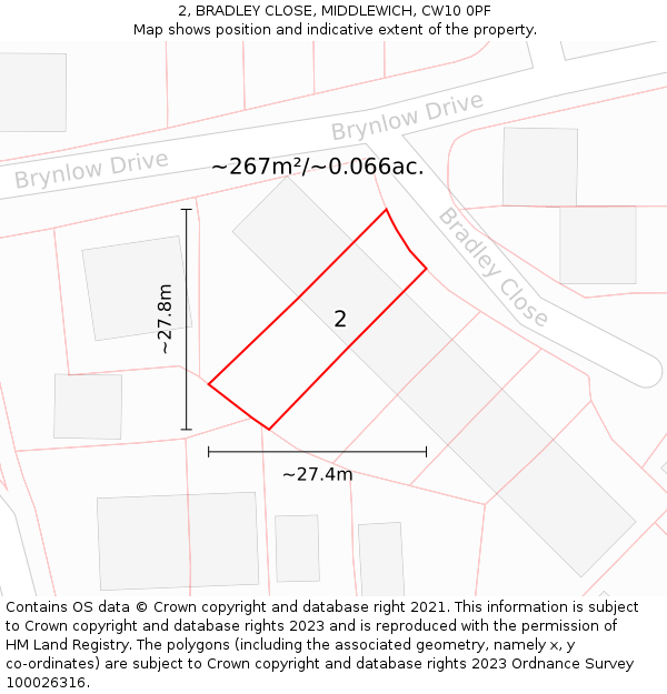 2, BRADLEY CLOSE, MIDDLEWICH, CW10 0PF: Plot and title map