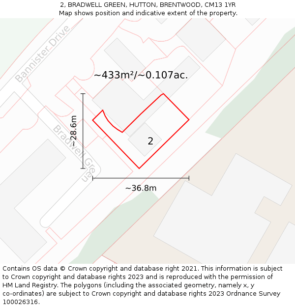 2, BRADWELL GREEN, HUTTON, BRENTWOOD, CM13 1YR: Plot and title map