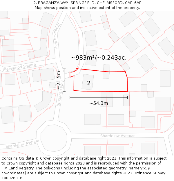 2, BRAGANZA WAY, SPRINGFIELD, CHELMSFORD, CM1 6AP: Plot and title map