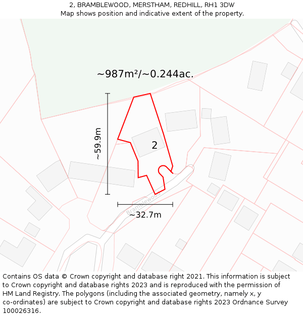 2, BRAMBLEWOOD, MERSTHAM, REDHILL, RH1 3DW: Plot and title map