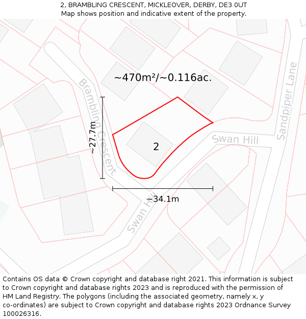 2, BRAMBLING CRESCENT, MICKLEOVER, DERBY, DE3 0UT: Plot and title map