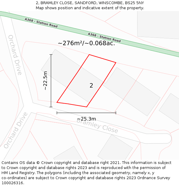 2, BRAMLEY CLOSE, SANDFORD, WINSCOMBE, BS25 5NY: Plot and title map