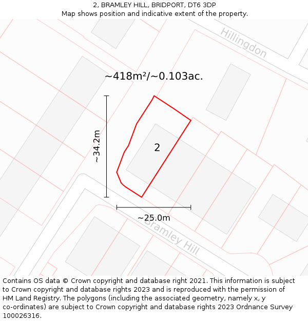 2, BRAMLEY HILL, BRIDPORT, DT6 3DP: Plot and title map