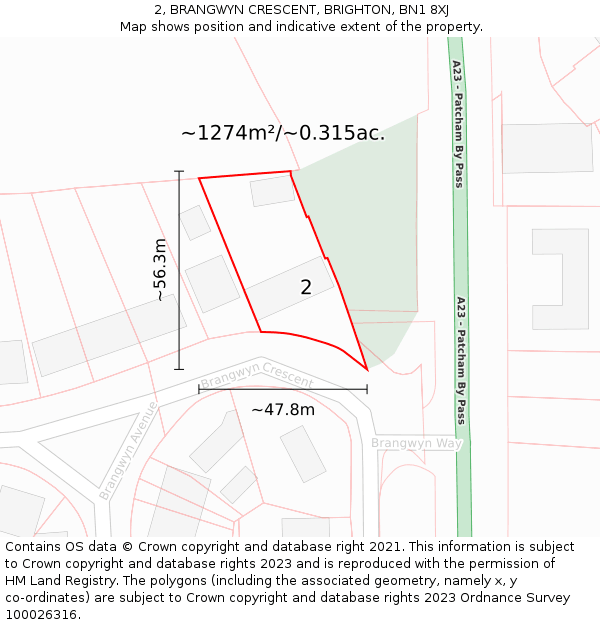 2, BRANGWYN CRESCENT, BRIGHTON, BN1 8XJ: Plot and title map