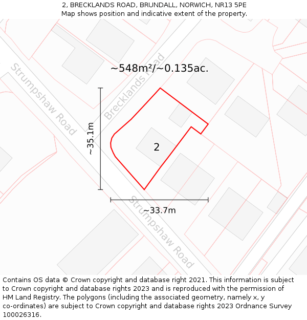 2, BRECKLANDS ROAD, BRUNDALL, NORWICH, NR13 5PE: Plot and title map