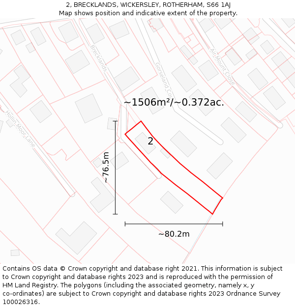 2, BRECKLANDS, WICKERSLEY, ROTHERHAM, S66 1AJ: Plot and title map