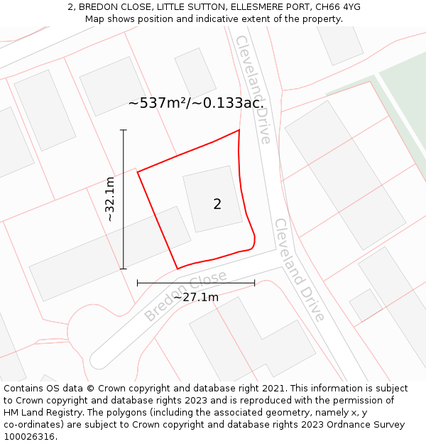 2, BREDON CLOSE, LITTLE SUTTON, ELLESMERE PORT, CH66 4YG: Plot and title map