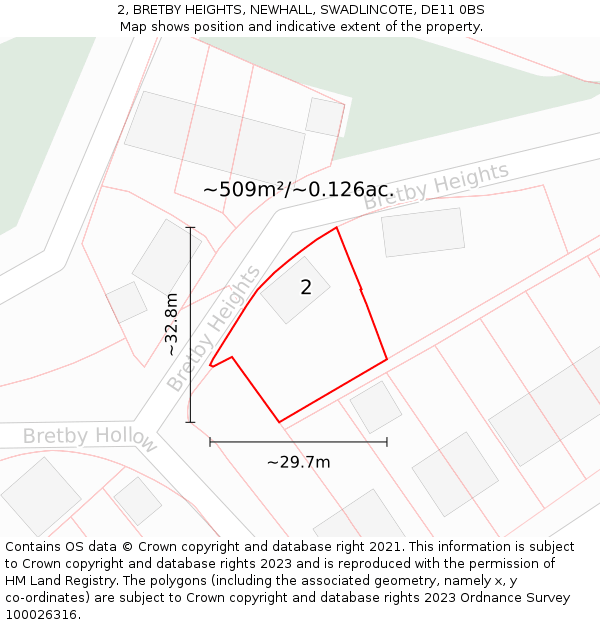 2, BRETBY HEIGHTS, NEWHALL, SWADLINCOTE, DE11 0BS: Plot and title map