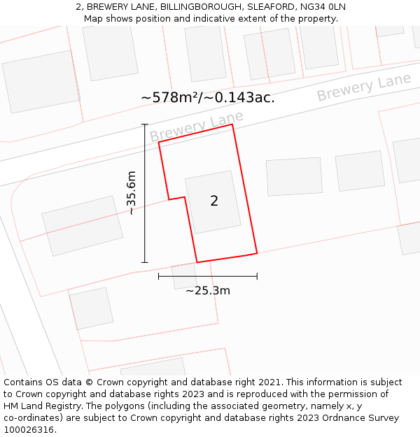 2, BREWERY LANE, BILLINGBOROUGH, SLEAFORD, NG34 0LN: Plot and title map