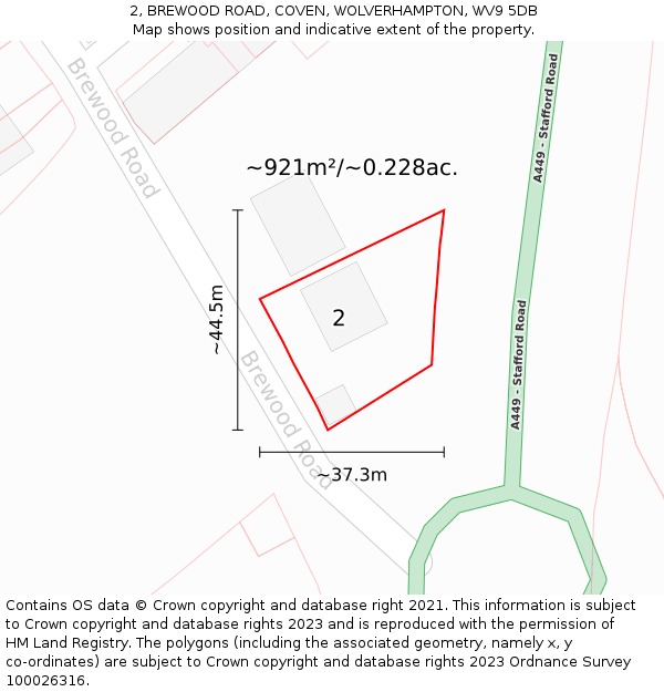 2, BREWOOD ROAD, COVEN, WOLVERHAMPTON, WV9 5DB: Plot and title map