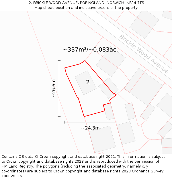 2, BRICKLE WOOD AVENUE, PORINGLAND, NORWICH, NR14 7TS: Plot and title map