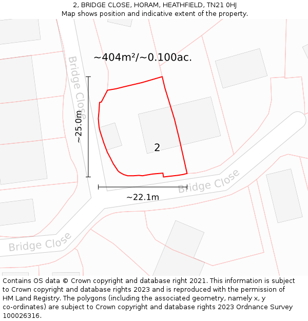 2, BRIDGE CLOSE, HORAM, HEATHFIELD, TN21 0HJ: Plot and title map