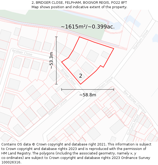 2, BRIDGER CLOSE, FELPHAM, BOGNOR REGIS, PO22 8FT: Plot and title map