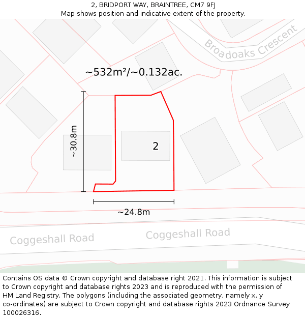2, BRIDPORT WAY, BRAINTREE, CM7 9FJ: Plot and title map