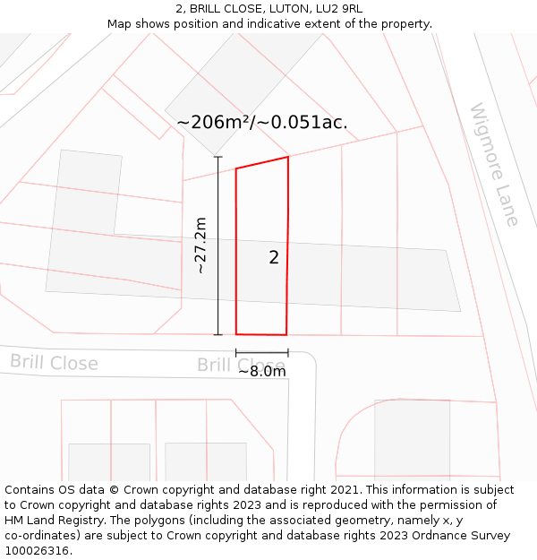 2, BRILL CLOSE, LUTON, LU2 9RL: Plot and title map