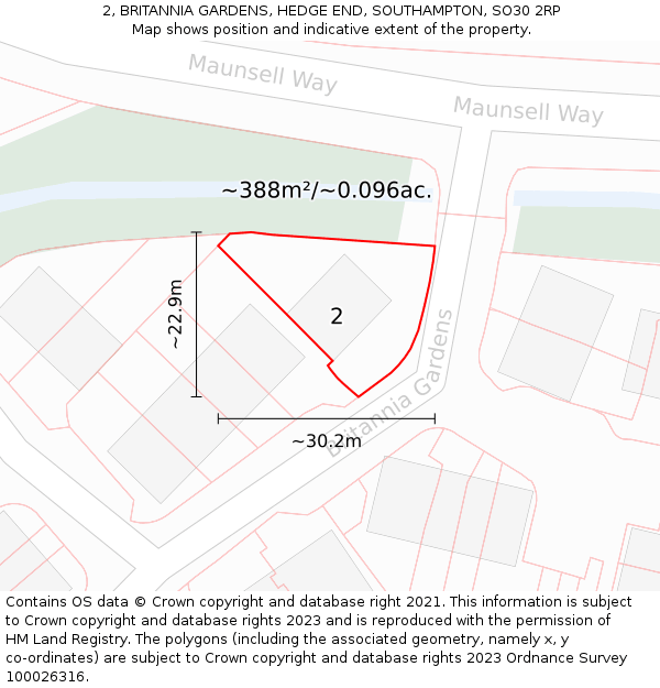 2, BRITANNIA GARDENS, HEDGE END, SOUTHAMPTON, SO30 2RP: Plot and title map