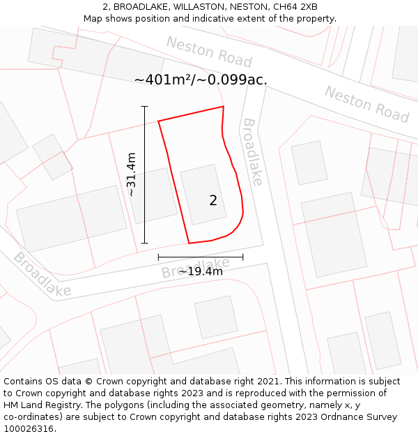 2, BROADLAKE, WILLASTON, NESTON, CH64 2XB: Plot and title map