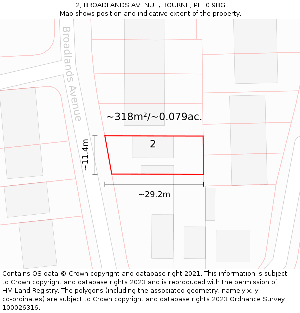 2, BROADLANDS AVENUE, BOURNE, PE10 9BG: Plot and title map