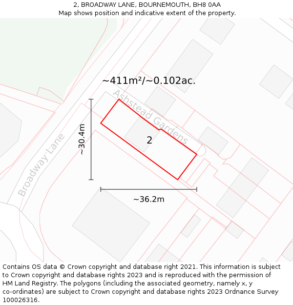 2, BROADWAY LANE, BOURNEMOUTH, BH8 0AA: Plot and title map