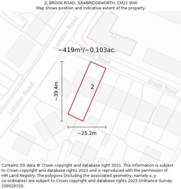 2, BROOK ROAD, SAWBRIDGEWORTH, CM21 9HA: Plot and title map