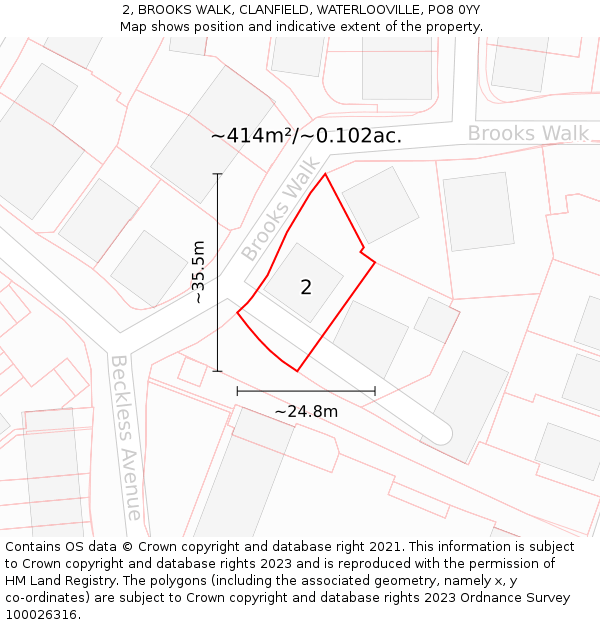 2, BROOKS WALK, CLANFIELD, WATERLOOVILLE, PO8 0YY: Plot and title map