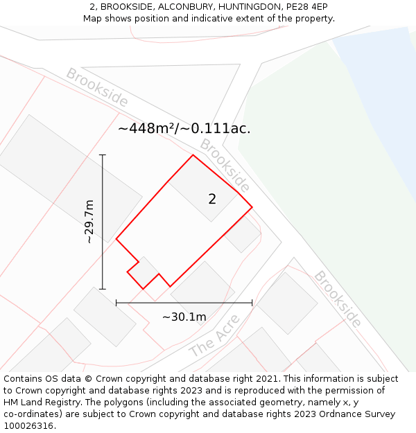 2, BROOKSIDE, ALCONBURY, HUNTINGDON, PE28 4EP: Plot and title map