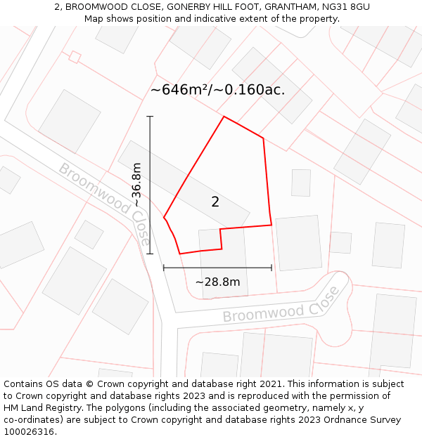 2, BROOMWOOD CLOSE, GONERBY HILL FOOT, GRANTHAM, NG31 8GU: Plot and title map