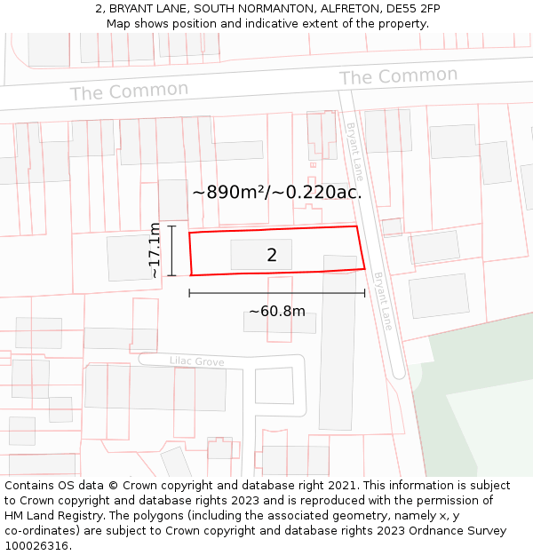 2, BRYANT LANE, SOUTH NORMANTON, ALFRETON, DE55 2FP: Plot and title map