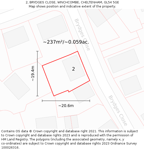 2, BRYDGES CLOSE, WINCHCOMBE, CHELTENHAM, GL54 5GE: Plot and title map