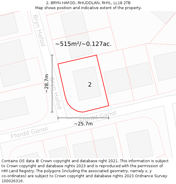 2, BRYN HAFOD, RHUDDLAN, RHYL, LL18 2TB: Plot and title map