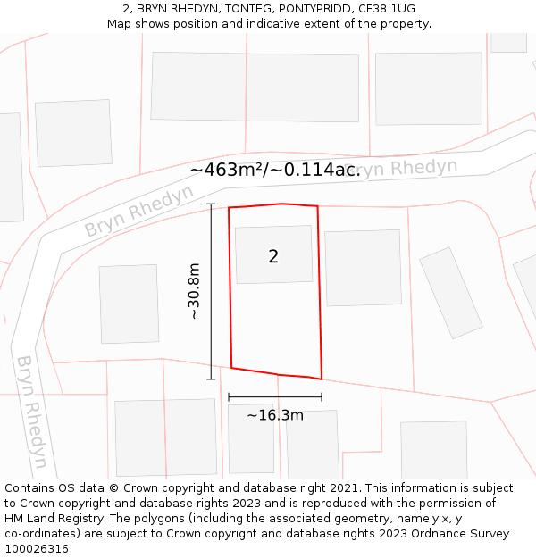 2, BRYN RHEDYN, TONTEG, PONTYPRIDD, CF38 1UG: Plot and title map