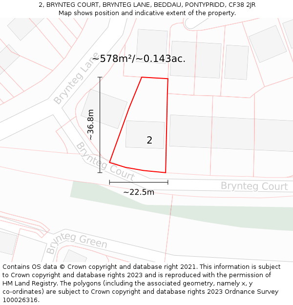 2, BRYNTEG COURT, BRYNTEG LANE, BEDDAU, PONTYPRIDD, CF38 2JR: Plot and title map