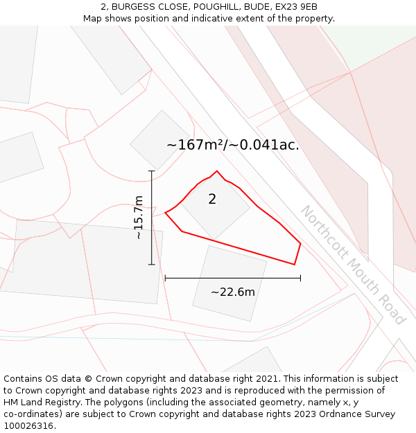 2, BURGESS CLOSE, POUGHILL, BUDE, EX23 9EB: Plot and title map