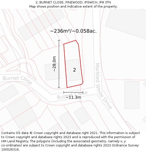 2, BURNET CLOSE, PINEWOOD, IPSWICH, IP8 3TN: Plot and title map