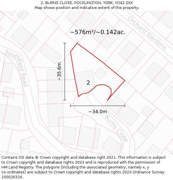 2, BURNS CLOSE, POCKLINGTON, YORK, YO42 2XX: Plot and title map