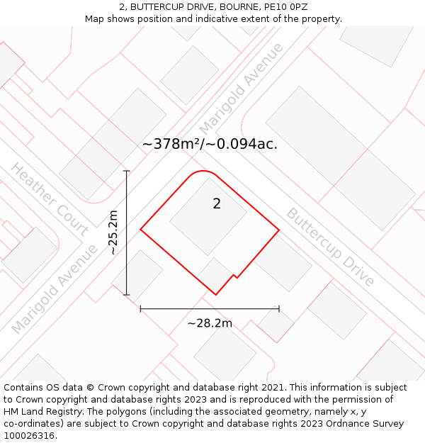 2, BUTTERCUP DRIVE, BOURNE, PE10 0PZ: Plot and title map