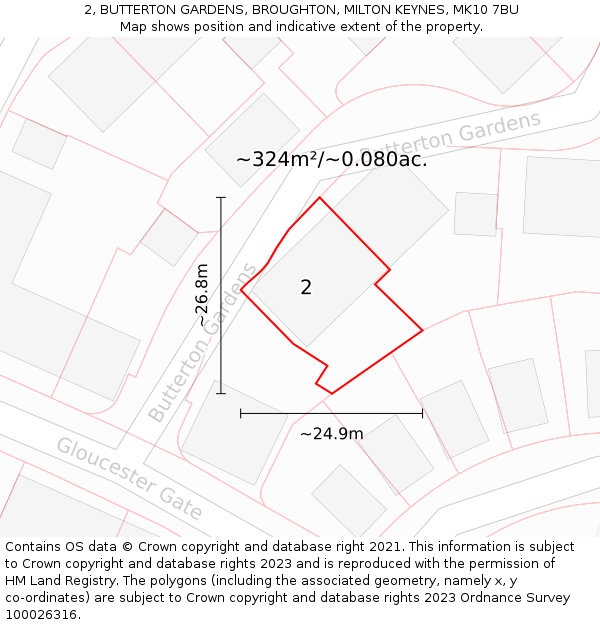 2, BUTTERTON GARDENS, BROUGHTON, MILTON KEYNES, MK10 7BU: Plot and title map