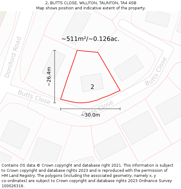 2, BUTTS CLOSE, WILLITON, TAUNTON, TA4 4SB: Plot and title map