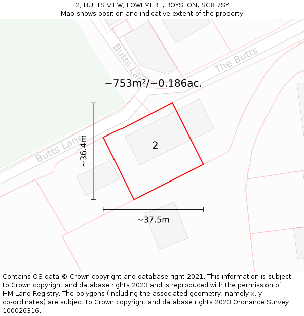 2, BUTTS VIEW, FOWLMERE, ROYSTON, SG8 7SY: Plot and title map