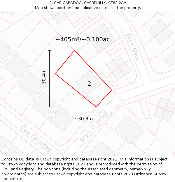 2, CAE CARADOG, CAERPHILLY, CF83 2AA: Plot and title map