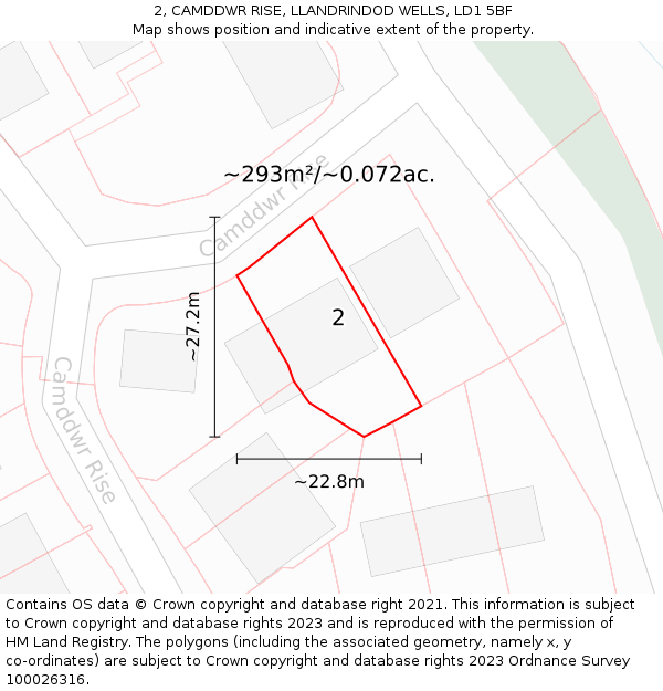 2, CAMDDWR RISE, LLANDRINDOD WELLS, LD1 5BF: Plot and title map