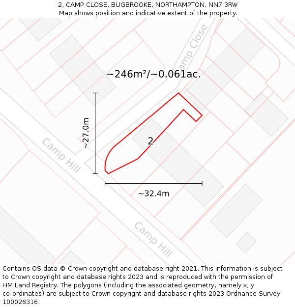 2, CAMP CLOSE, BUGBROOKE, NORTHAMPTON, NN7 3RW: Plot and title map