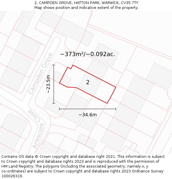 2, CAMPDEN GROVE, HATTON PARK, WARWICK, CV35 7TY: Plot and title map