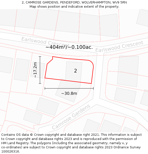 2, CAMROSE GARDENS, PENDEFORD, WOLVERHAMPTON, WV9 5RN: Plot and title map