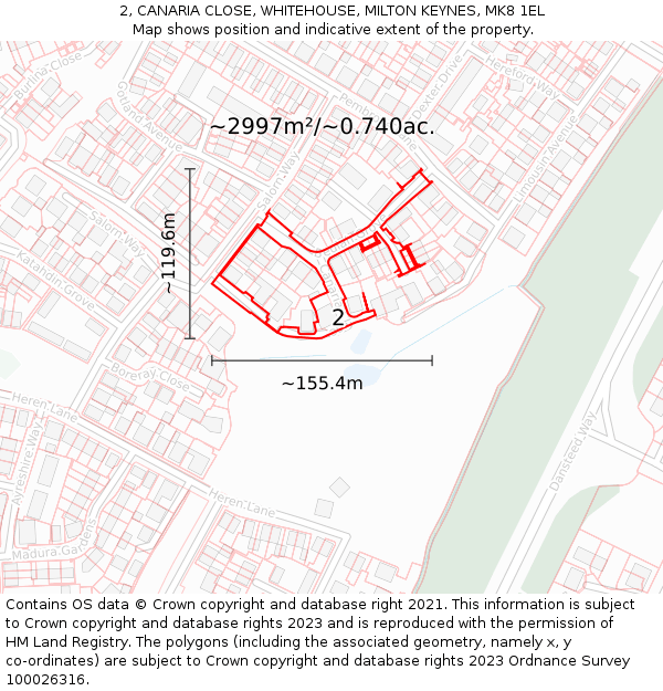 2, CANARIA CLOSE, WHITEHOUSE, MILTON KEYNES, MK8 1EL: Plot and title map