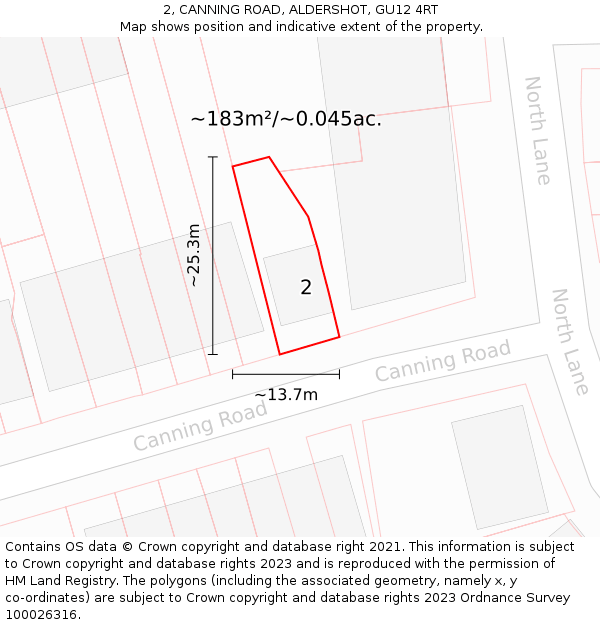 2, CANNING ROAD, ALDERSHOT, GU12 4RT: Plot and title map