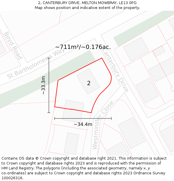 2, CANTERBURY DRIVE, MELTON MOWBRAY, LE13 0PG: Plot and title map