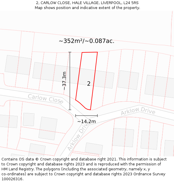 2, CARLOW CLOSE, HALE VILLAGE, LIVERPOOL, L24 5RS: Plot and title map