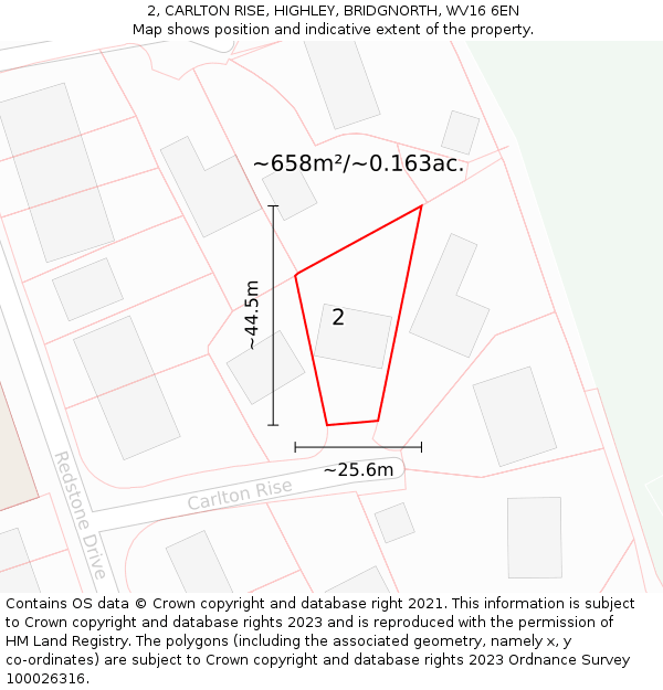 2, CARLTON RISE, HIGHLEY, BRIDGNORTH, WV16 6EN: Plot and title map